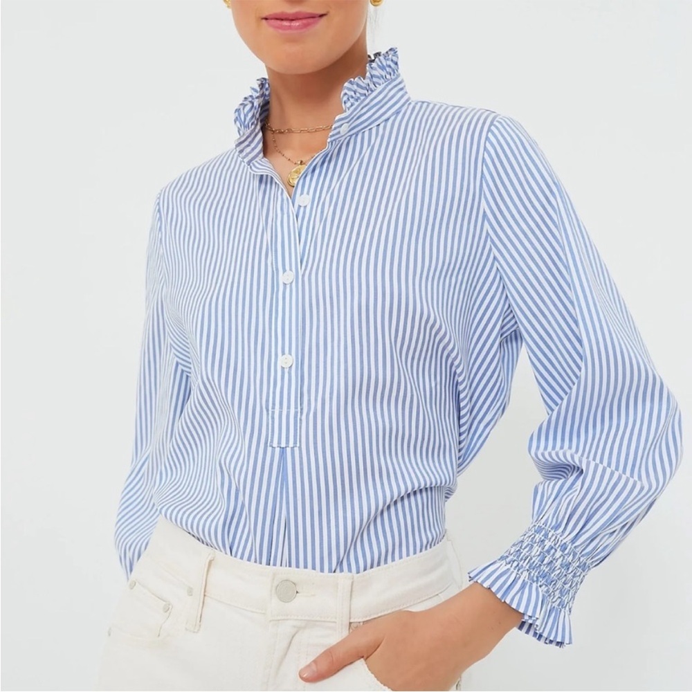 Tuckernuck Blue and White Stripe Teagan Popover Ruffle Top New Size Small - Picture 6 of 14